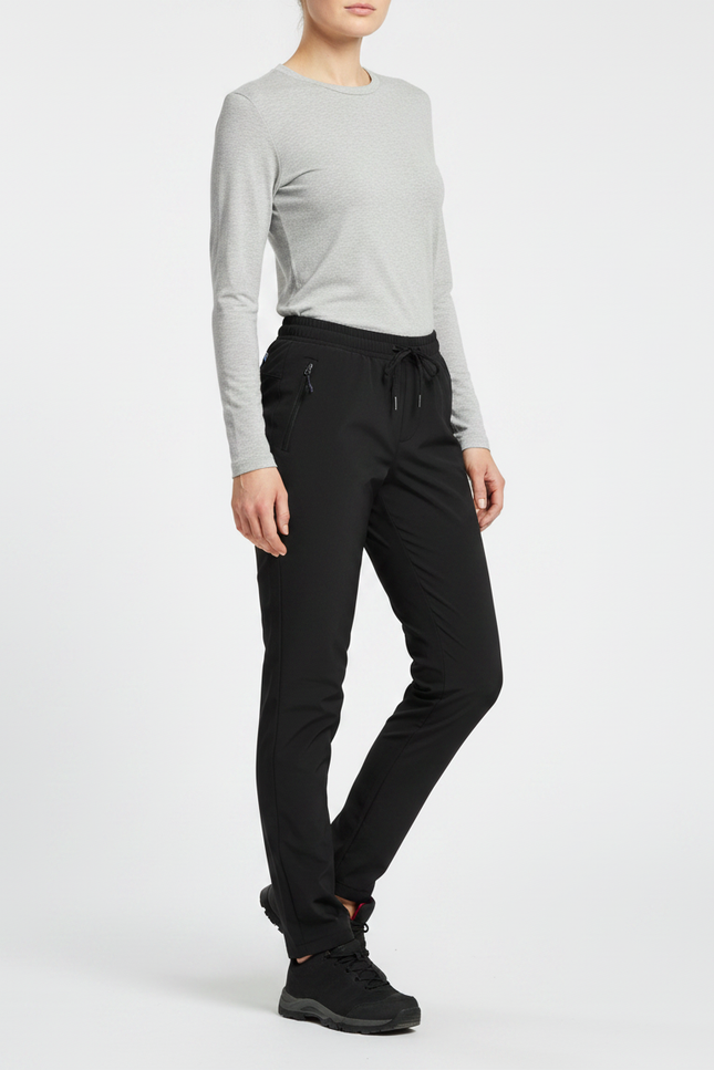 Pantalon Randonnée Noir Élastique Cordon Poches Zippées Femme - Polyester