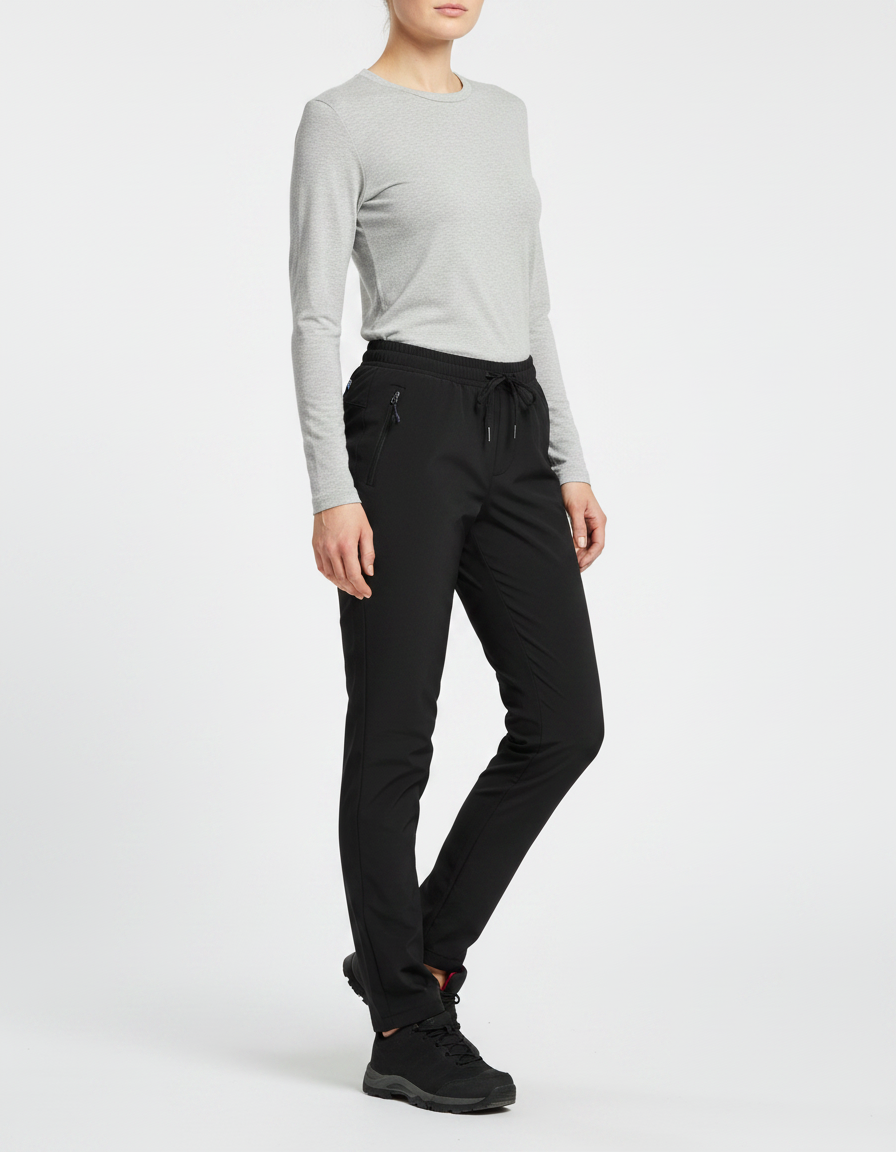 Pantalon Randonnée Noir Élastique Cordon Poches Zippées Femme - Polyester