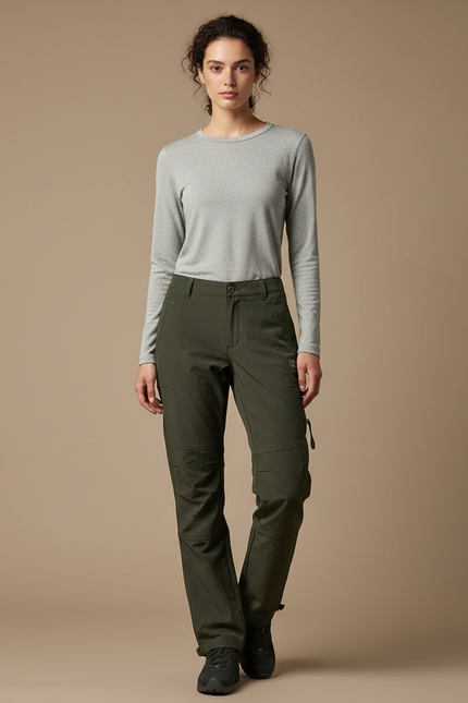 Pantalon Randonnée Femme Vert Militaire Cargo Coupe Droite - Kaki Polyester