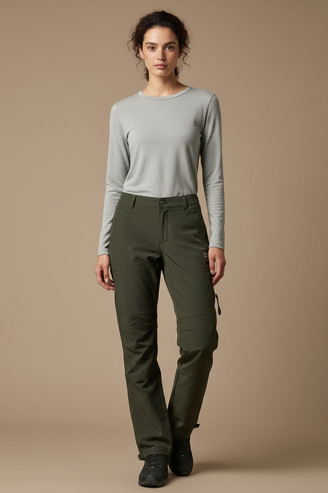 Pantalon Randonnée Femme Vert Militaire Cargo Coupe Droite - Kaki Polyester