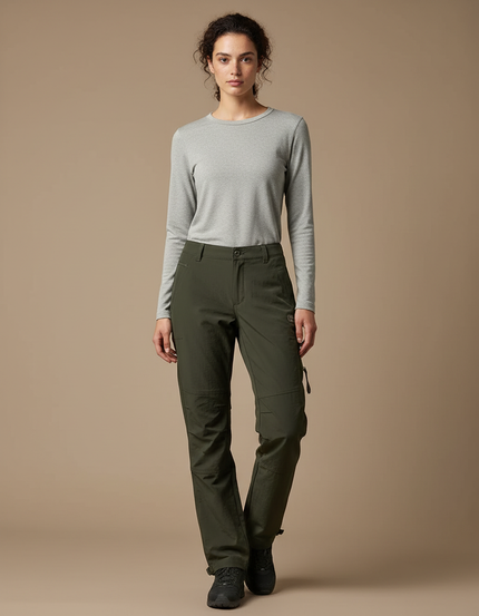 Pantalon Randonnée Femme Vert Militaire Cargo Coupe Droite - Kaki Polyester