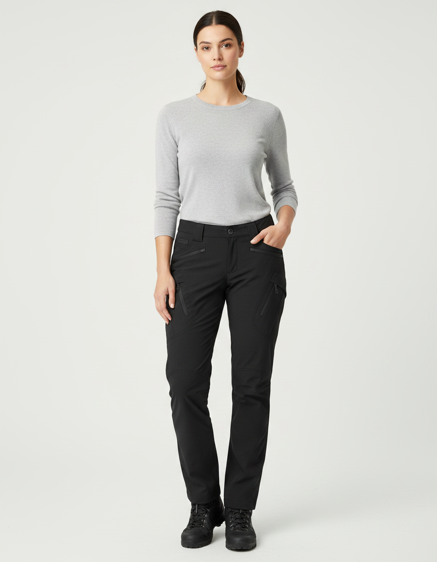 Pantalon Randonnée Noir Femme Droit Multipoches Robuste - Polyester