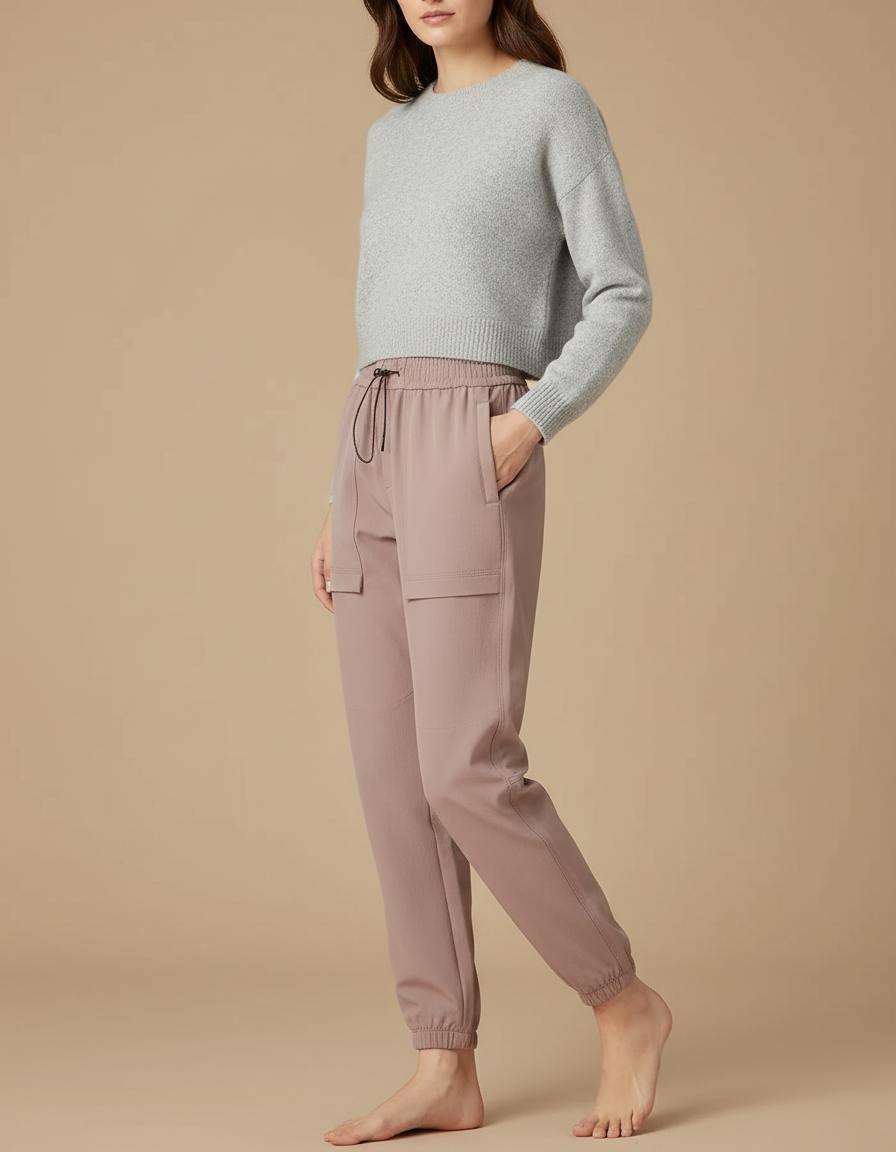 Pantalon Randonnée Femme Cargo Ample Taille Haute Rose - Polyester