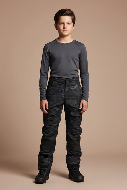 Pantalon Randonnée Camouflage Noir Cargo Enfant Robuste - Polyester