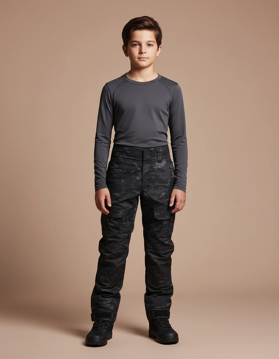 Pantalon Randonnée Camouflage Noir Cargo Enfant Robuste - Polyester