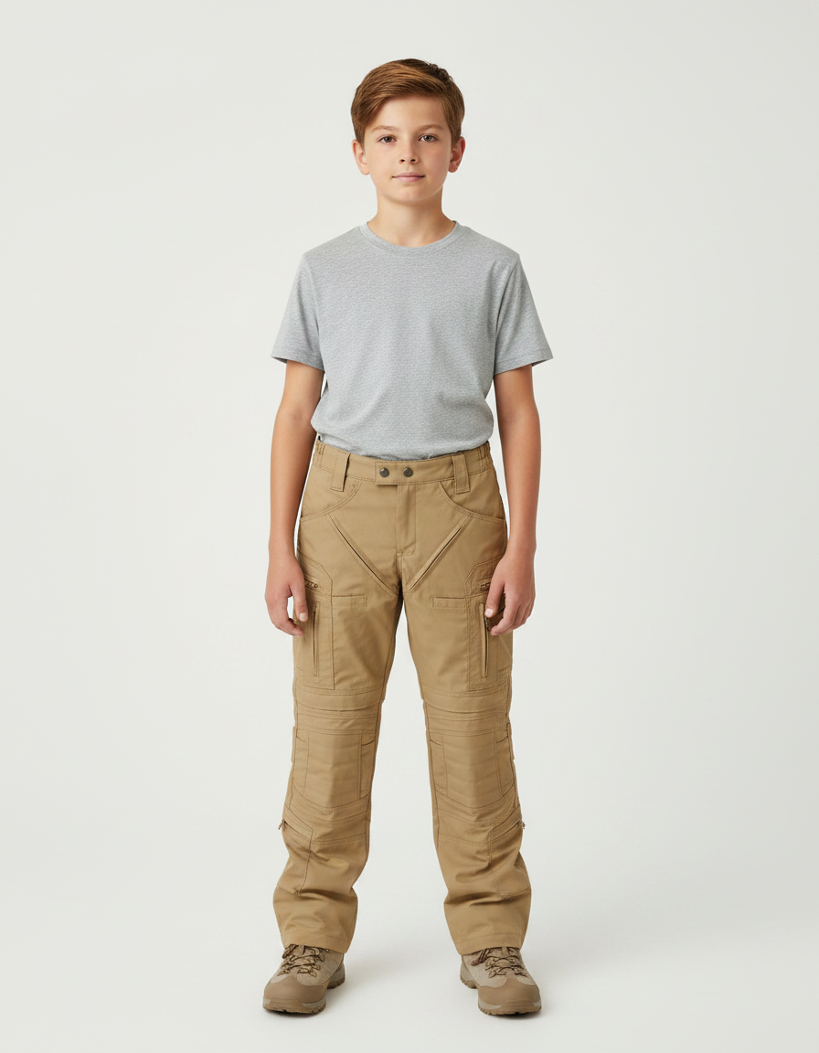 Pantalon Randonnée Beige Cargo Enfant Robuste Tactique - Toile