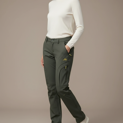 Pantalon Randonnée Femme Vert Kaki Convertible Doublé Polaire - Polyester