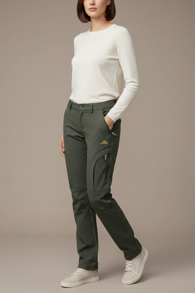Pantalon Randonnée Femme Vert Kaki Convertible Doublé Polaire - Polyester