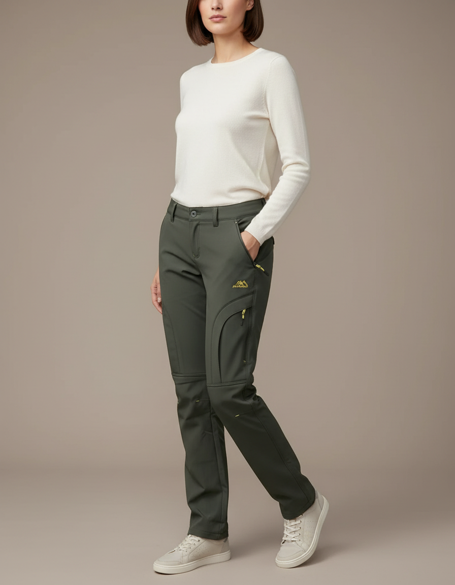 Pantalon Randonnée Femme Vert Kaki Convertible Doublé Polaire - Polyester