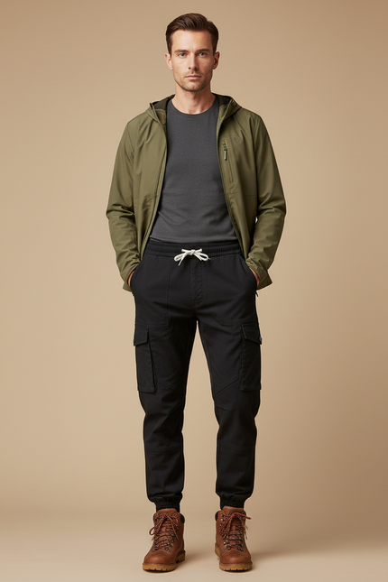 Pantalon Randonnée Noir Cargo Jogger Coton Décontracté Homme - Toile
