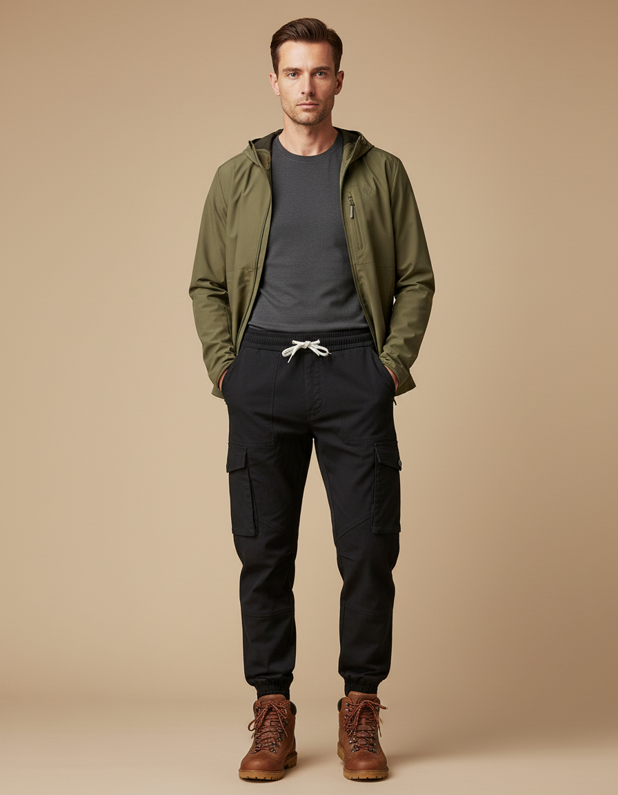 Pantalon Randonnée Noir Cargo Jogger Coton Décontracté Homme - Toile