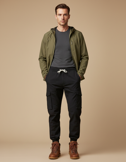 Pantalon Randonnée Noir Cargo Jogger Coton Décontracté Homme - Toile