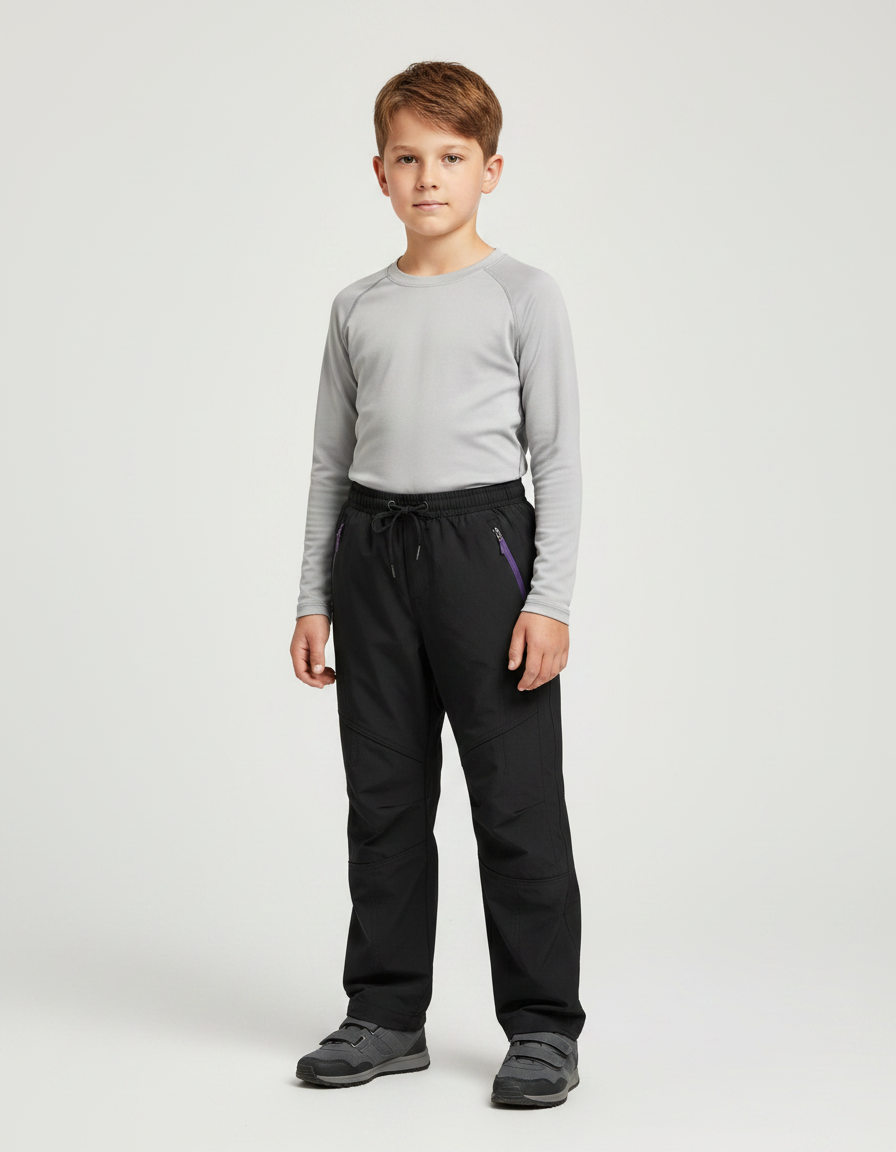 Pantalon Randonnée Noir Enfant Imperméable Coupe Droite - Polyester