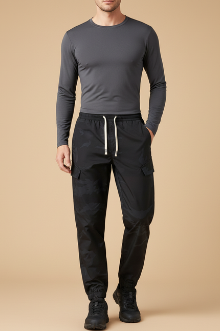 Pantalon Randonnée Noir Camouflage Cargo Homme Léger - Polyester