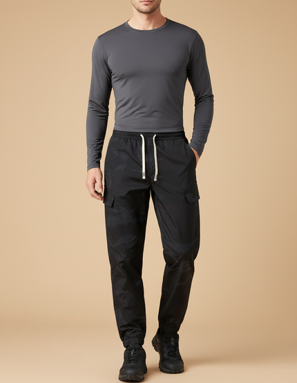 Pantalon Randonnée Noir Camouflage Cargo Homme Léger - Polyester