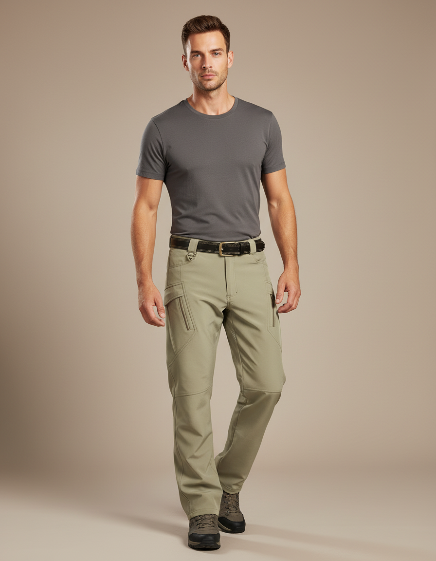 Pantalon Randonnée Homme Kaki Cargo Léger Imperméable - Polyester