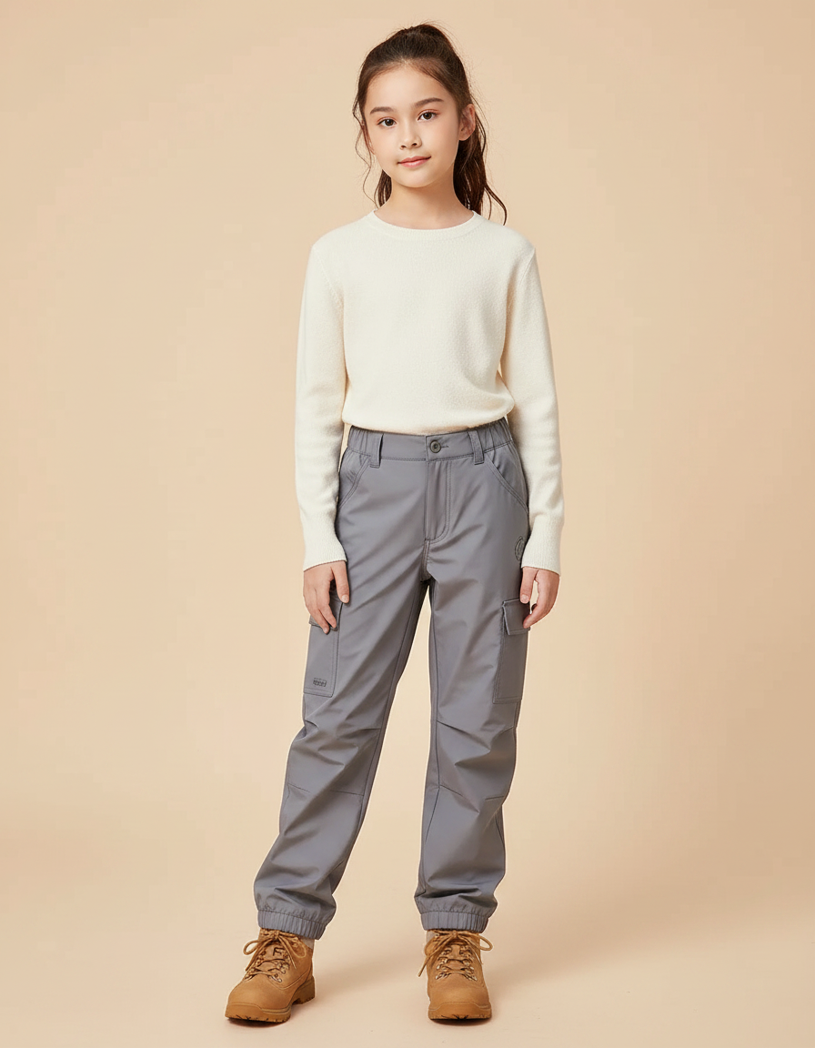 Pantalon Randonnée Gris Cargo Enfant Élastiqué Imperméable - Polyester