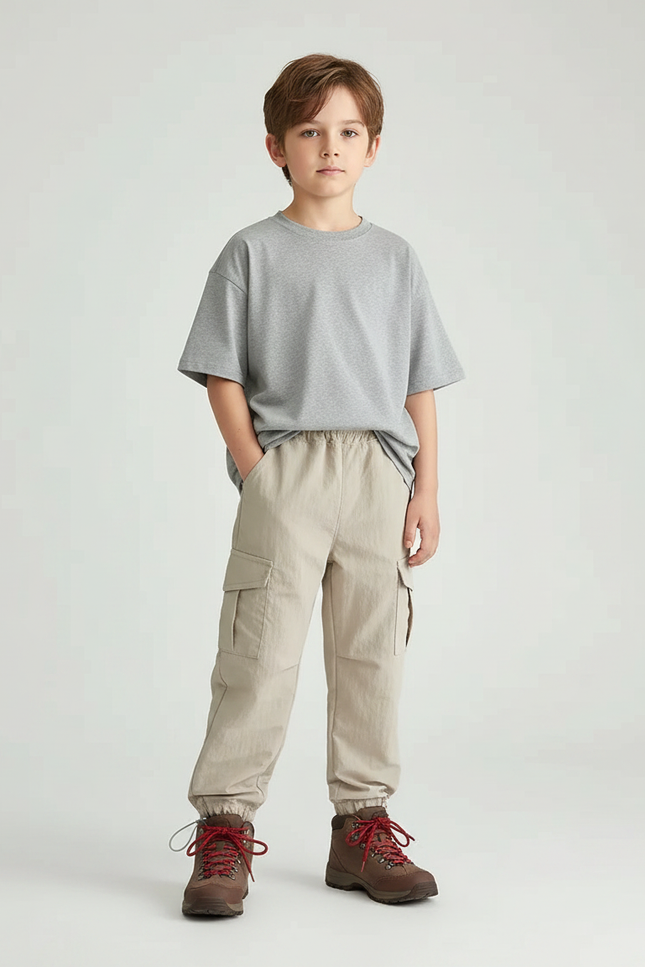 Pantalon Randonnée Beige Cargo Coton Ample Enfant - Polyester
