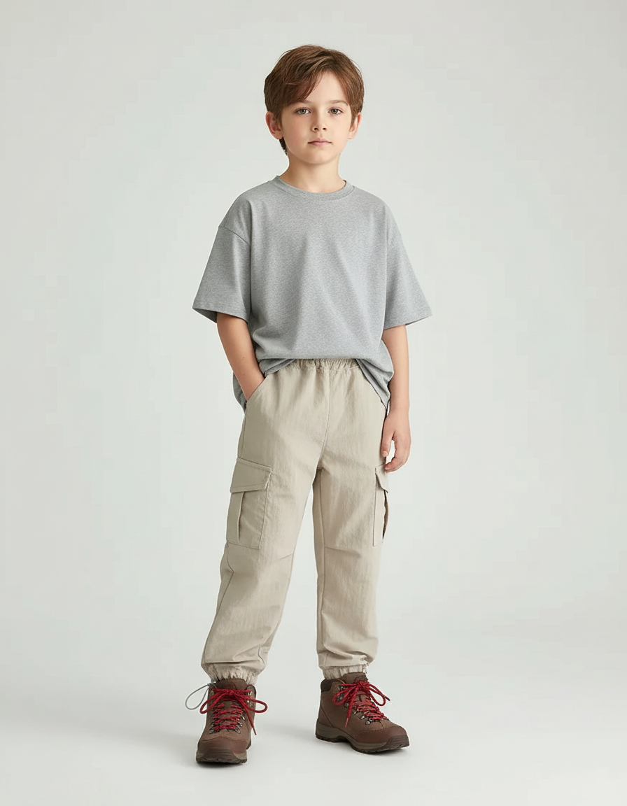 Pantalon Randonnée Beige Cargo Coton Ample Enfant - Polyester