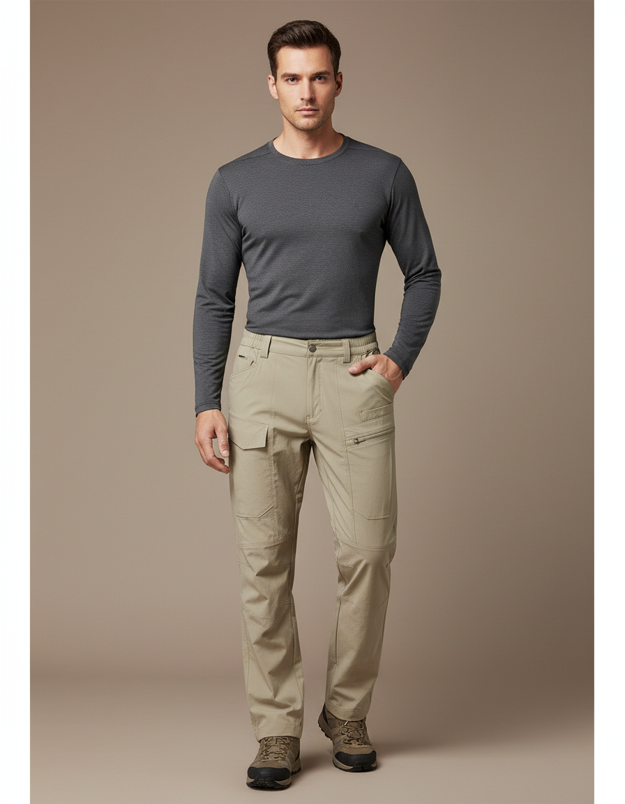 Pantalon Randonnée Beige Cargo Multi-Poches Léger Homme - Polyester