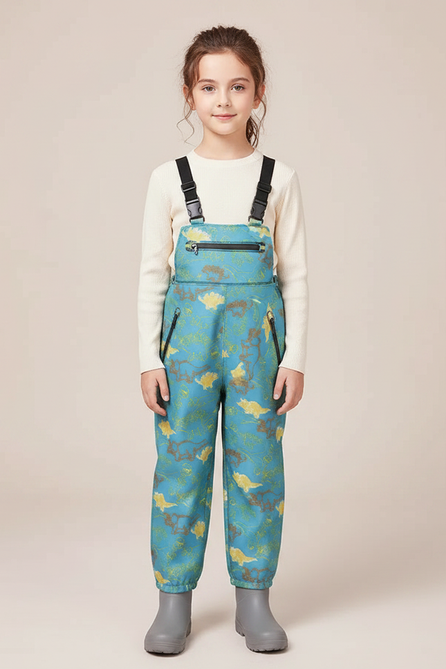 Pantalon Randonnée Turquoise Imperméable Motifs Dinosaures Enfant - Bleu Polyester