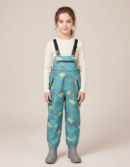 Pantalon Randonnée Turquoise Imperméable Motifs Dinosaures Enfant - Bleu Polyester