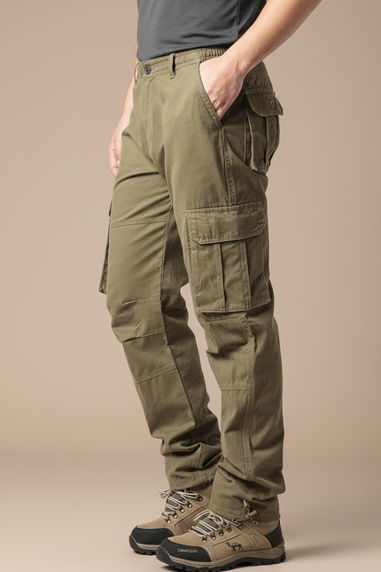 Pantalon Randonnée Kaki Homme Cargo Coton Ample - Toile