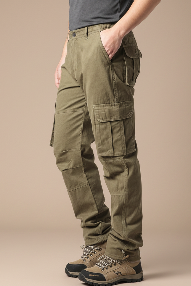 Pantalon Randonnée Kaki Homme Cargo Coton Ample - Toile
