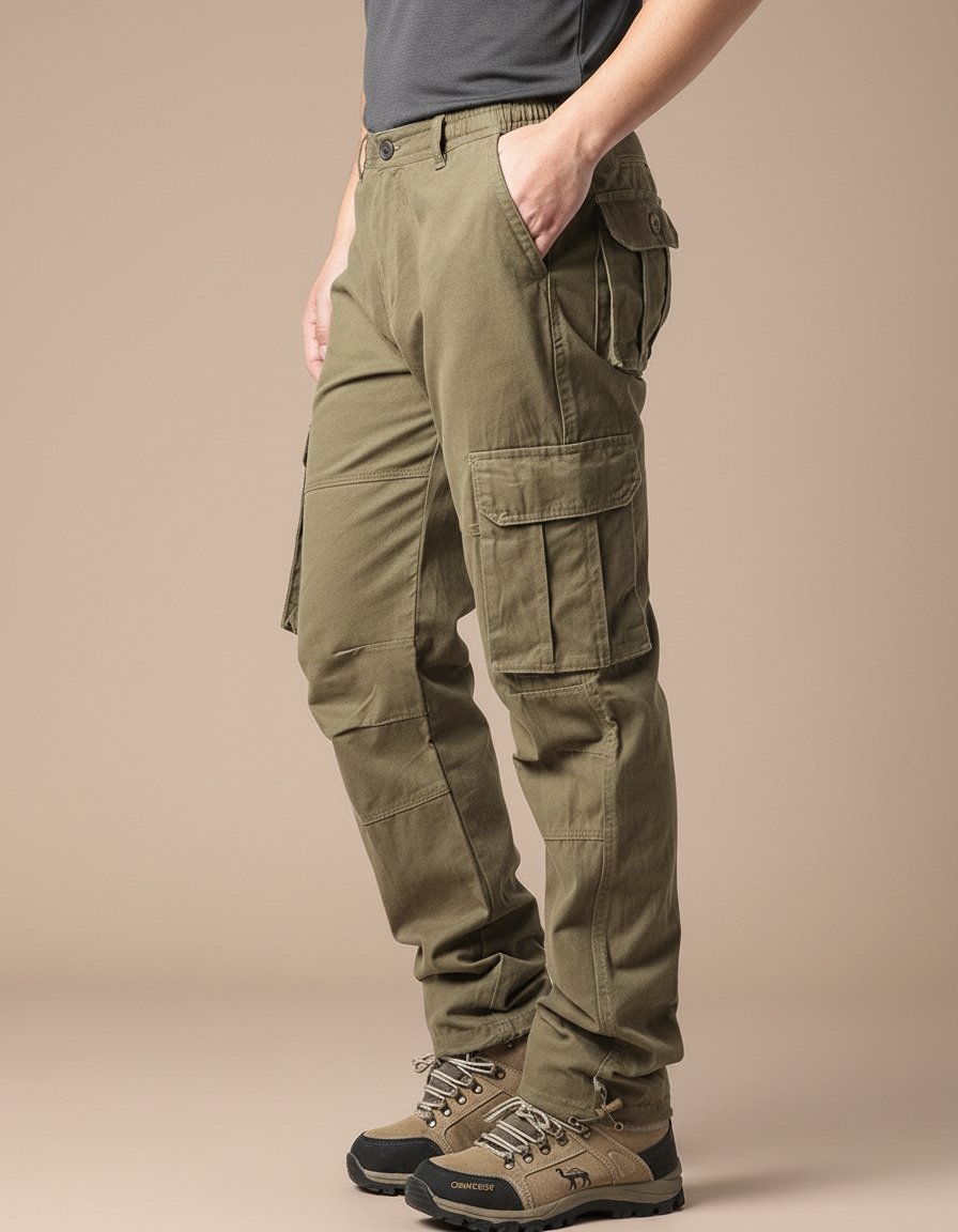 Pantalon Randonnée Kaki Homme Cargo Coton Ample - Toile