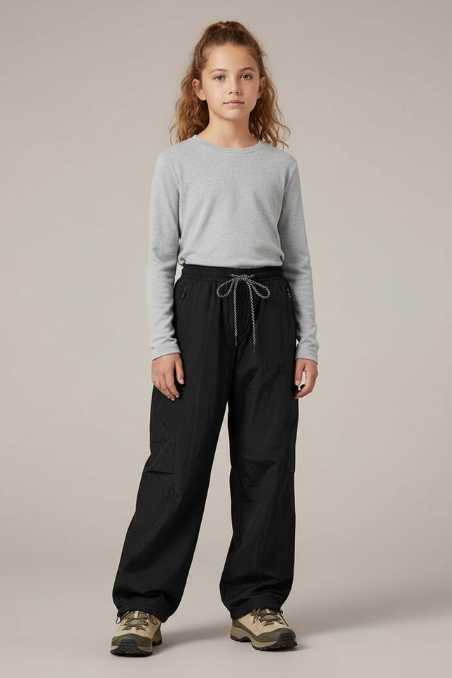 Pantalon Randonnée Noir Cargo Ample Nylon Enfant - Polyester