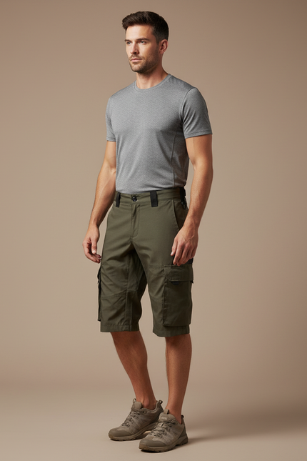 Pantalon Randonnée Kaki Homme Cargo Multipoches Court - Polyester