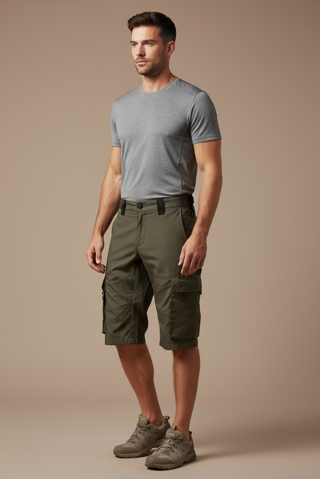 Pantalon Randonnée Kaki Homme Cargo Multipoches Court - Polyester
