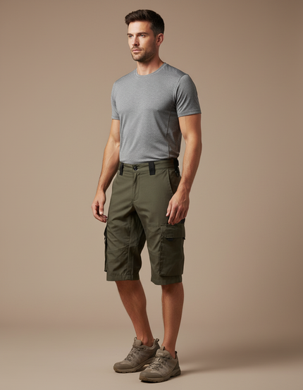 Pantalon Randonnée Kaki Homme Cargo Multipoches Court - Polyester