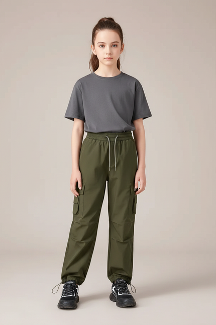 Pantalon Randonnée Kaki Cargo Ample Cordon - Polyester