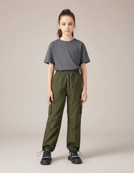 Pantalon Randonnée Kaki Cargo Ample Cordon - Polyester