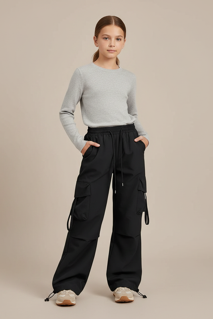 Pantalon Randonnée Noir Multipoches Ample Décontracté Enfant - Polyester