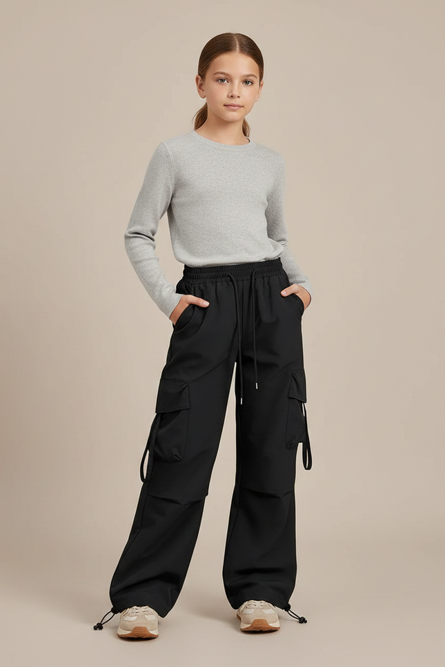 Pantalon Randonnée Noir Multipoches Ample Décontracté Enfant - Polyester