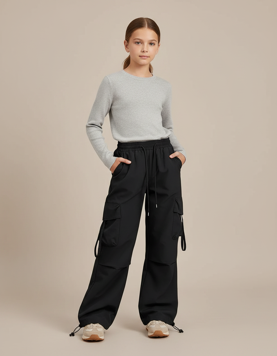 Pantalon Randonnée Noir Multipoches Ample Décontracté Enfant - Polyester
