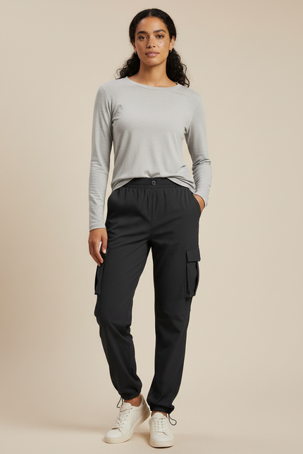 Pantalon Randonnée Noir Cargo Léger Femme Cordon - Polyester