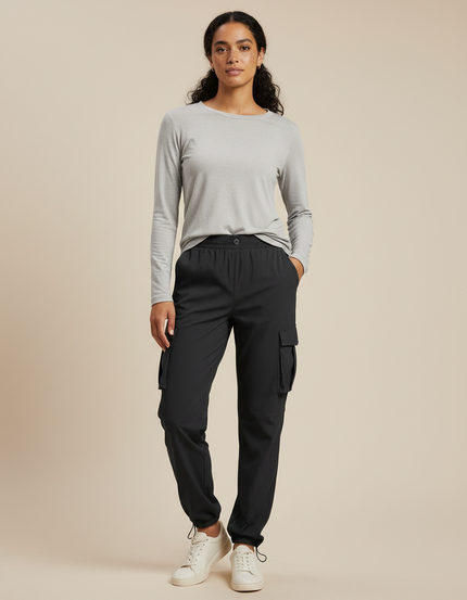 Pantalon Randonnée Noir Cargo Léger Femme Cordon - Polyester