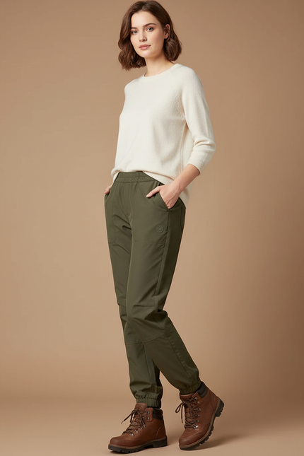 Pantalon Randonnée Kaki Femme Jogger Confortable Élastique - Polyester
