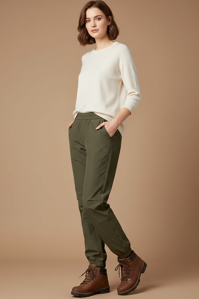 Pantalon Randonnée Kaki Femme Jogger Confortable Élastique - Polyester