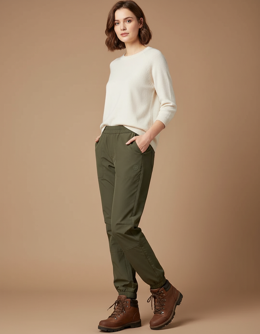 Pantalon Randonnée Kaki Femme Jogger Confortable Élastique - Polyester