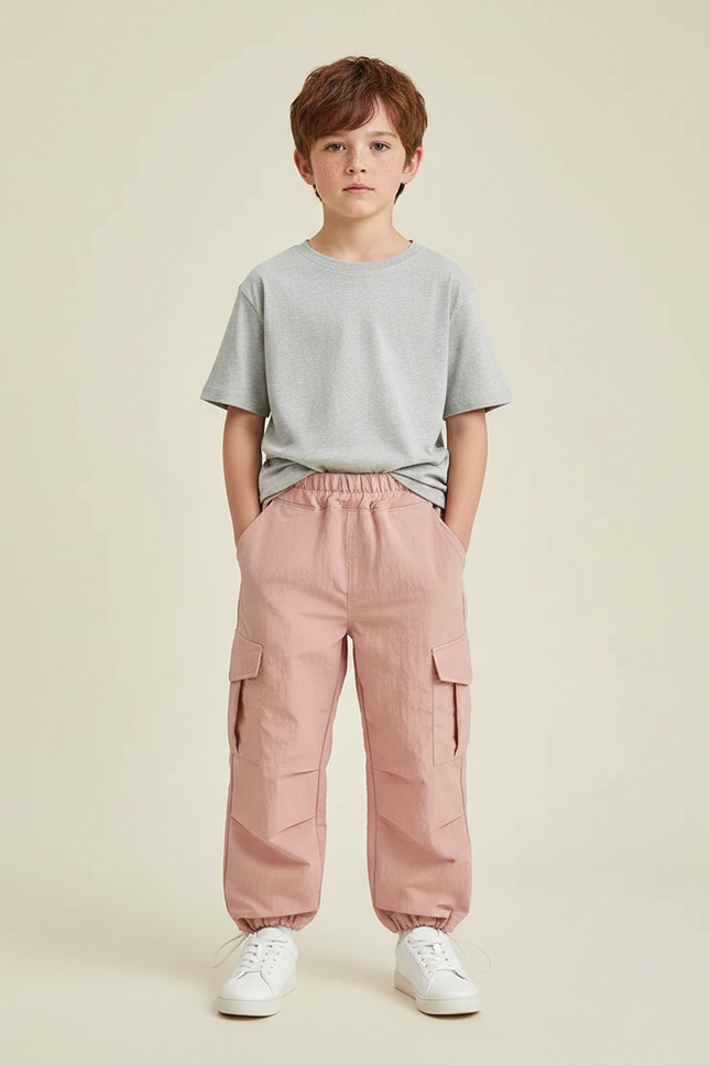 Pantalon Randonnée Rose Cargo Coton Ample Enfant