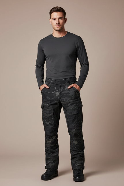 Pantalon Randonnée Camouflage Noir Multipoches Tactique Homme - Polyester