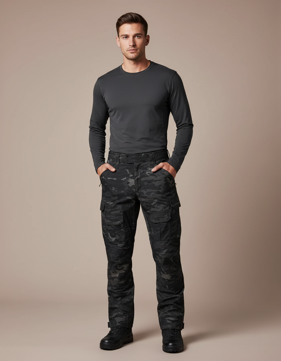 Pantalon Randonnée Camouflage Noir Multipoches Tactique Homme - Polyester