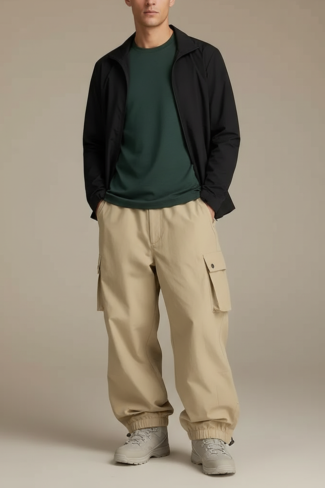 Pantalon Randonnée Beige Cargo Ample Multi-poches Homme - Toile