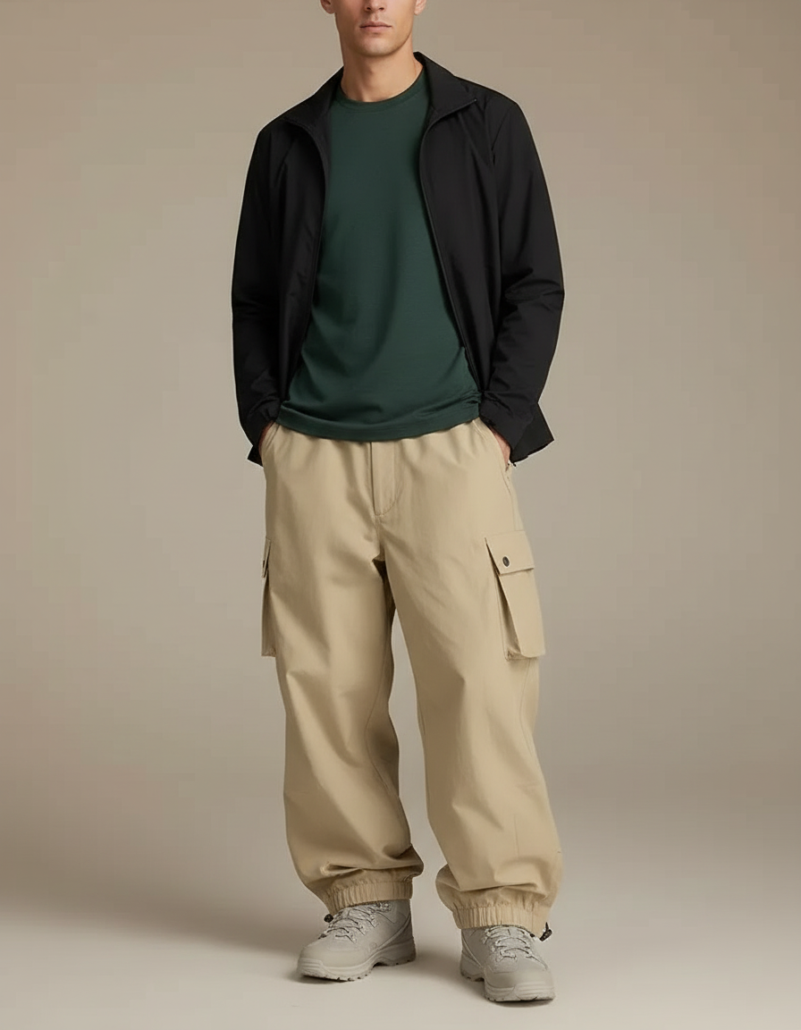 Pantalon Randonnée Beige Cargo Ample Multi-poches Homme - Toile