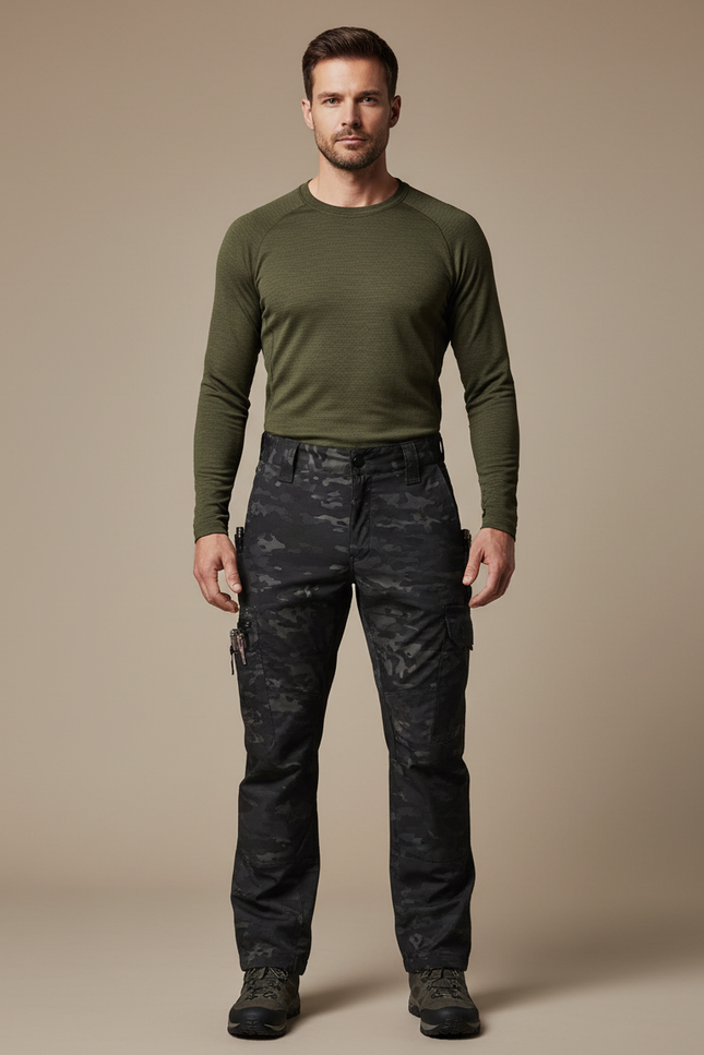 Pantalon Randonnée Camouflage Noir Tactique Multi-Poches Homme - Polyester
