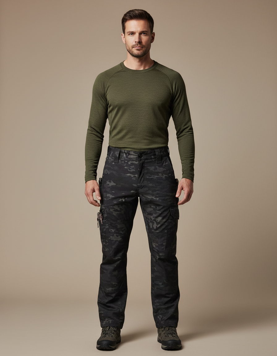 Pantalon Randonnée Camouflage Noir Tactique Multi-Poches Homme - Polyester
